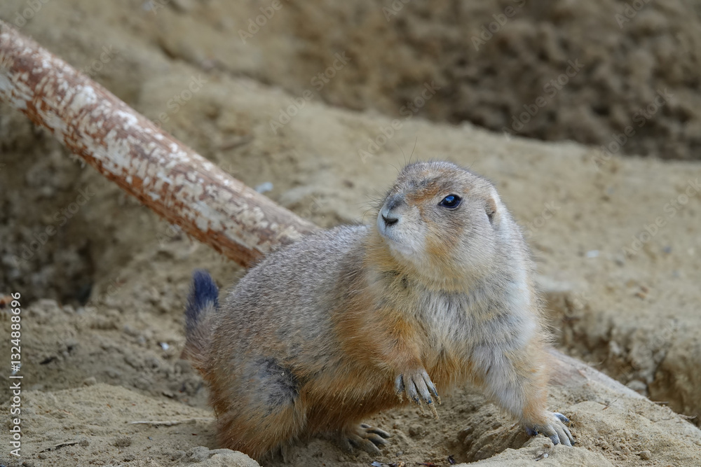 Naklejka premium Prairie Dog Standing Alert in Sandy Habitat