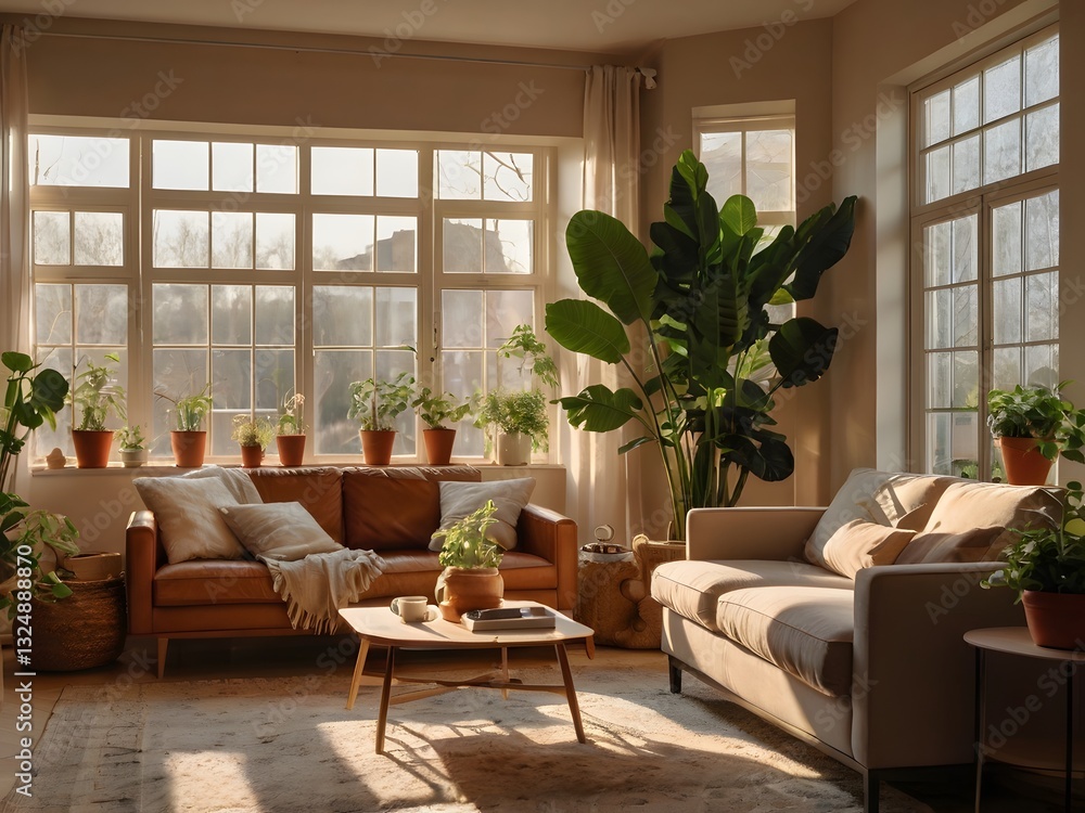 Fototapeta premium Cozy interior room with warm evening light and inviting atmosphere