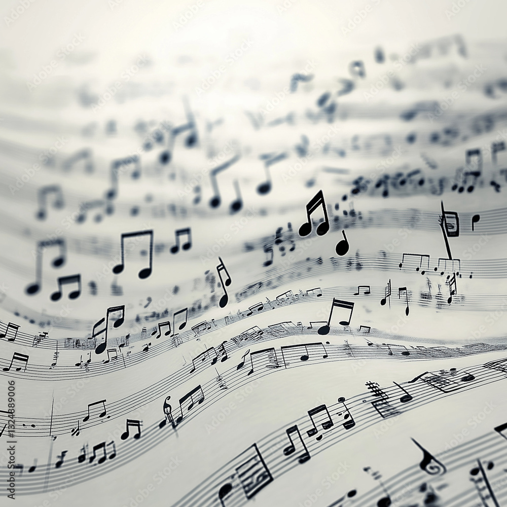 Obraz premium 楽譜の五線譜の波に踊る音符。音楽