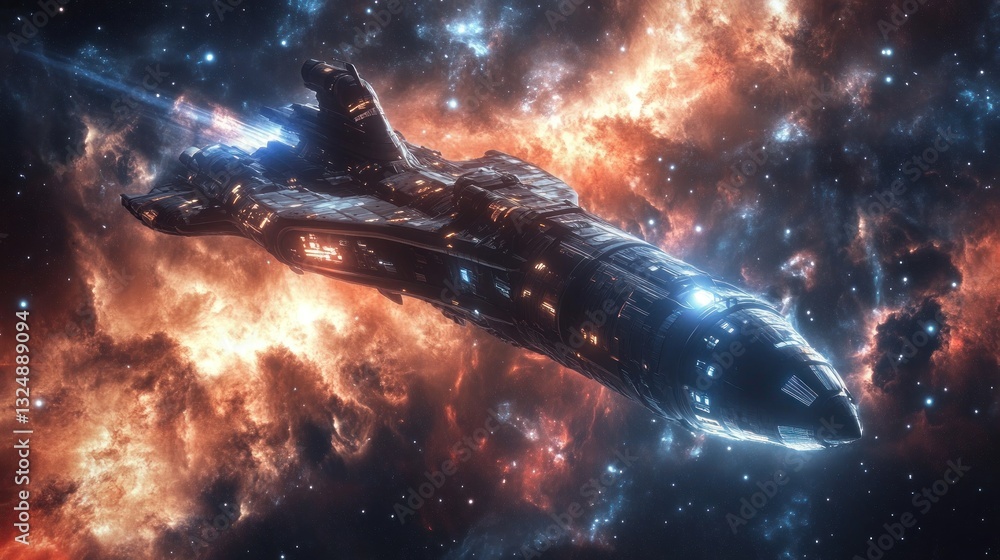 Fototapeta premium Cosmic Voyager: Starship Journey Through Nebula