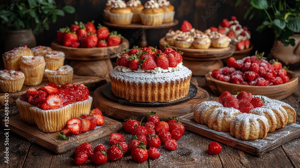 a wooden table topped with a variety of cakes and pastries, including cupcakes, muffins, and other desserts, as well as fresh strawberries There are also flower po a wooden table topped with a variety of cakes and pastries, including cupcakes, muffins, and other desserts, as well as fresh strawberries There are also flower po