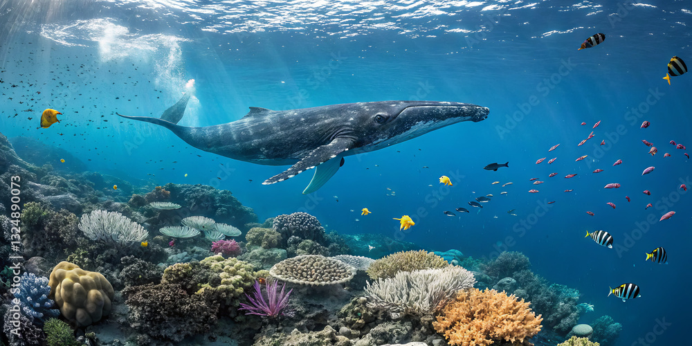 Fototapeta premium A humpback whale glides through crystal clear waters, surrounded by a rich coral reef. Colorful fish swim around, creating a lively underwater ecosystem filled with life