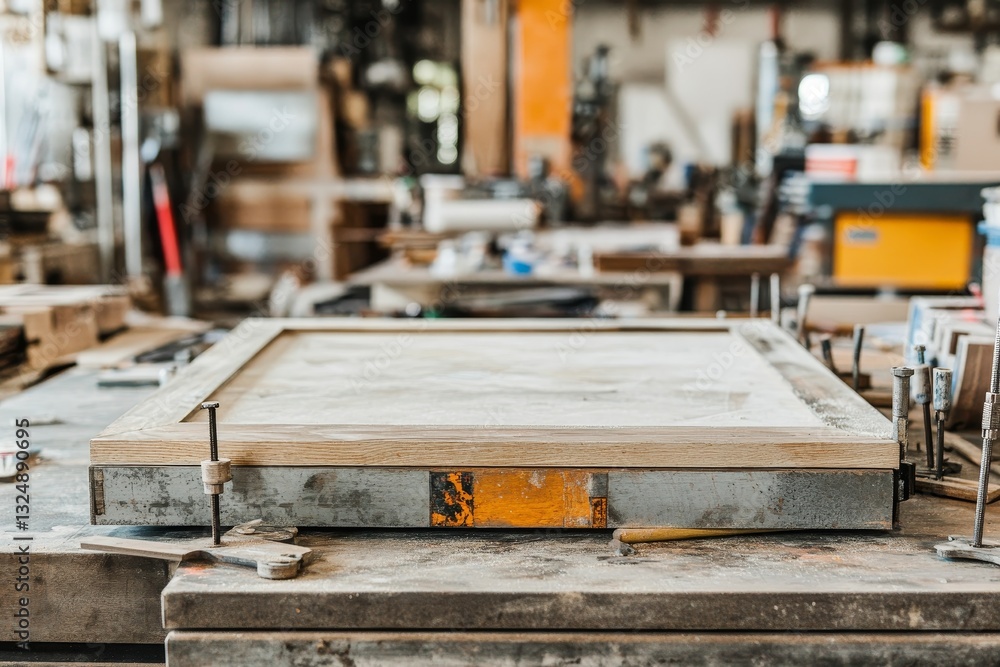 Carpenter works on wooden frame in a busy workshop filled with tools and materials Carpenter works on wooden frame in a busy workshop filled with tools and materials