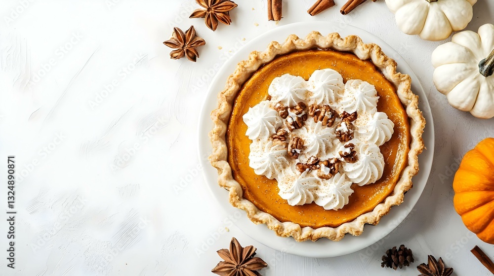 Fototapeta premium Delicious Pumpkin Pie with Whipped Cream and Pecans Isolated on White Background