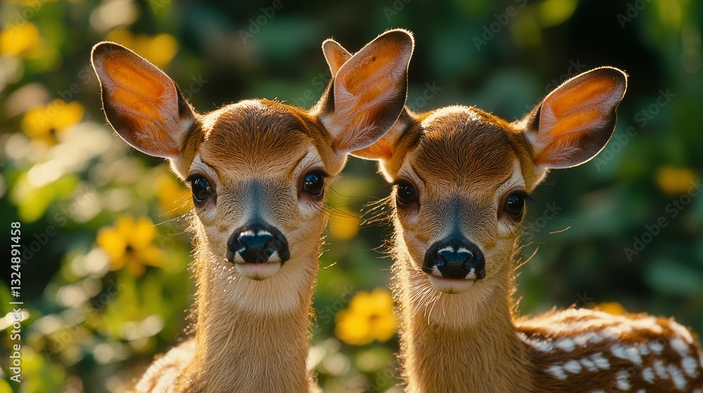 two fawns standing next to each other in a field of yellow flowers, with a blurred background two fawns standing next to each other in a field of yellow flowers, with a blurred background
