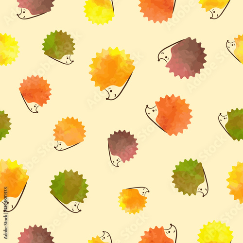 Seamless autumn pattern with abstract hedgehogs colored as autumn leaves