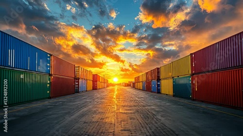 Vibrant Sunset Over Shipping Containers at Port