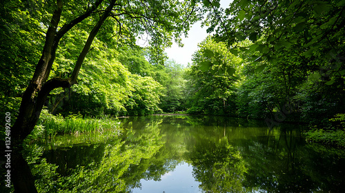 Serene Green Forest Landscape With Reflections On A Still Pond Under Sunny Skies