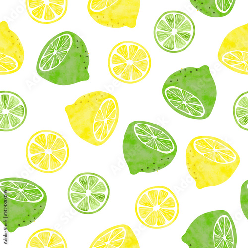 Lemon and lime fruits seamless pattern. Watercolor vector illustration with lemons slices