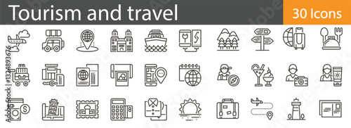 Tourism and Travel Line Icons Set. Collection of 30 outline icons representing vacation, adventure, destinations, and transportation. Editable stroke vector illustration.
