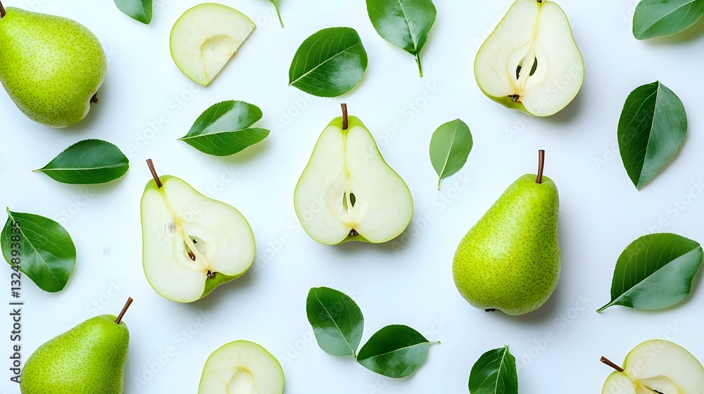 Green pear fruit with half and slices isolated Green pear fruit with half and slices isolated