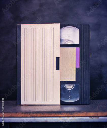 Vintage vhs video cassette tape with blank label. A retro technology template