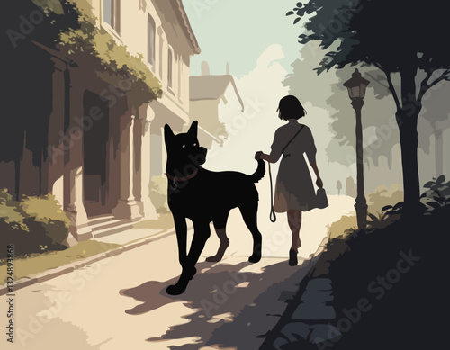 Silhouette illustration of a couple walking their dog on a leash, highlighting companionship and outdoor activity.