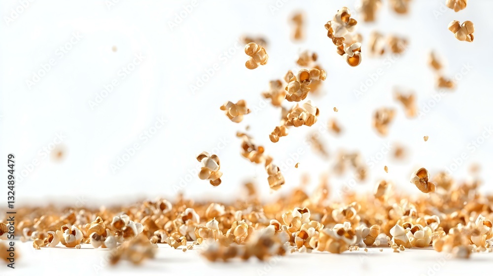 Falling Popcorn Kernels on White Background Falling Popcorn Kernels on White Background