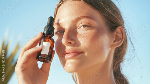 Wallpaper Mural Beautiful young woman face close up. Natural looking. Holding a bottle with essential oil. Skin body care bio eco cosmetics concept Torontodigital.ca