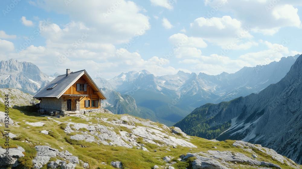 Fototapeta premium Beautiful mountain hut with wonderful surrounded by an wonderful alpine landscape. Summer or autumn hiking destination. Outdoor adventure destination for sporty holidays. Healthy environment.