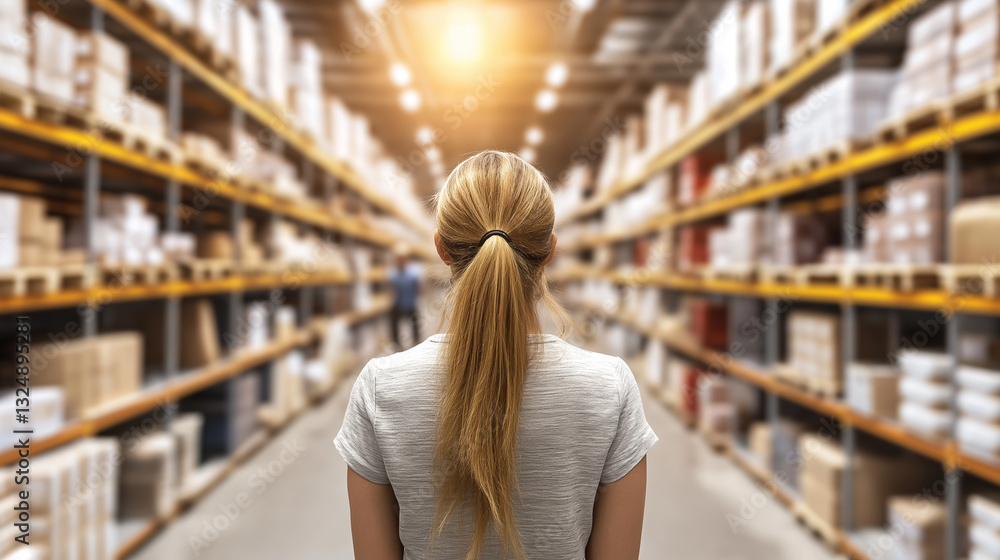 Fototapeta premium A woman standing in a large warehouse aisle, looking at tall shelves filled with packages and inventory.