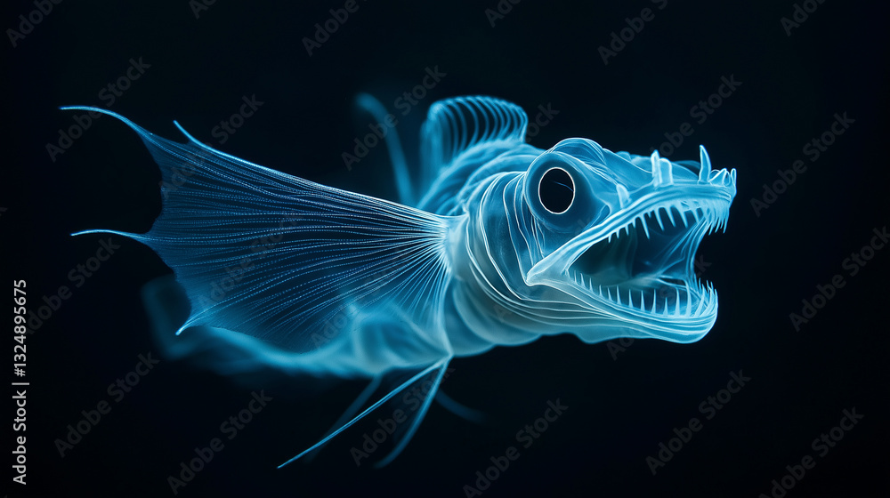 A bioluminescent deep-sea fish with sharp teeth and glowing translucent fins swims in the dark ocean depths. A bioluminescent deep-sea fish with sharp teeth and glowing translucent fins swims in the dark ocean depths.