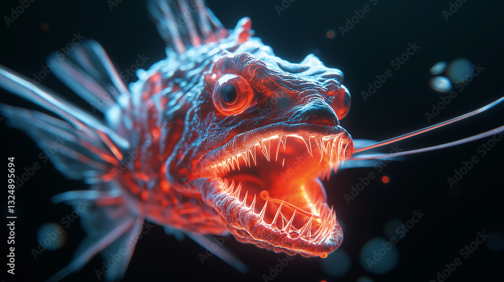 Obraz premium A terrifying deep-sea fish with glowing sharp teeth and an eerie bioluminescent glow in the dark ocean depths.