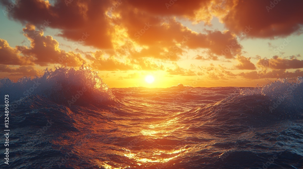 Obraz premium a beautiful sunset over the ocean with waves crashing in the foreground The sky is a mix of vibrant oranges, pinks, and purples, and the sun is setting in the back