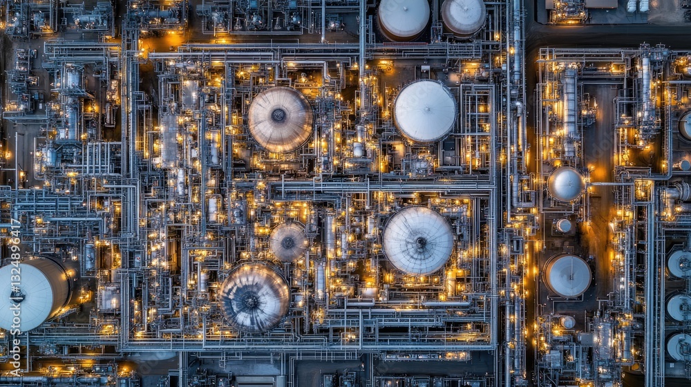 Aerial view of a massive energy refinery with intricate networks of pipes and tanks. Aerial view of a massive energy refinery with intricate networks of pipes and tanks.