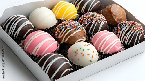 Assorted Decorated Cake Balls In A White Box Displaying Sweet Treats Dessert And Chocolate