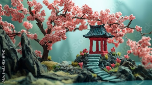 Cherry blossom garden in plasticine claymation character