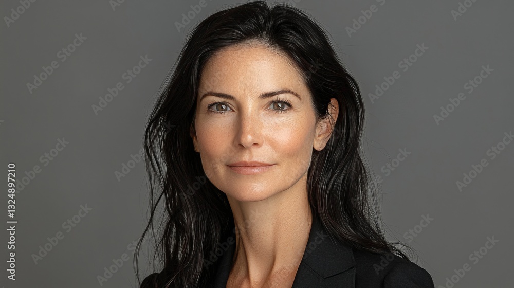 Naklejka premium Courteney Cox wearing a black dress against a grey background She has a confident and poised stance, her hair is styled in a sleek bob, and her makeup is subtle an
