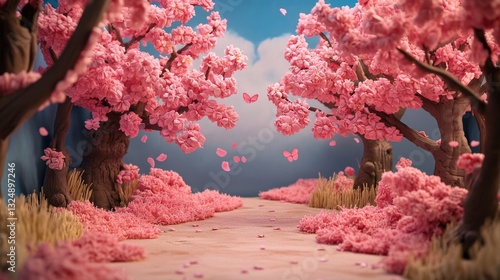Cherry blossom garden in plasticine claymation character