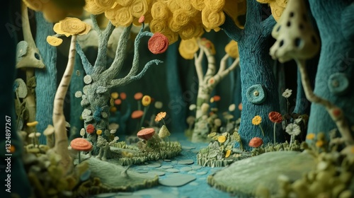Magical forest in plasticine claymation character.