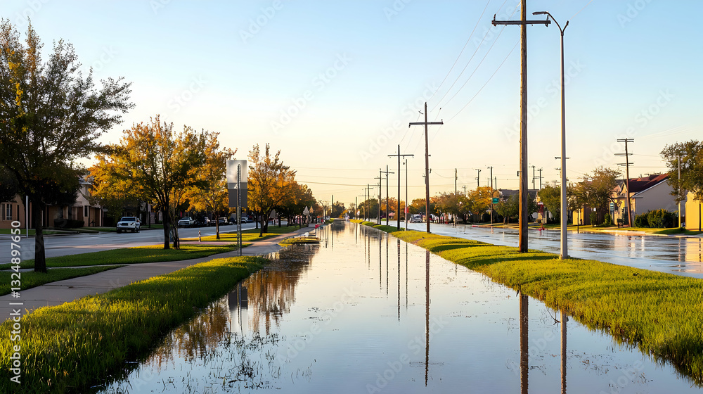 Obraz premium Flooded Street Scene with Reflective Water and Trees During a Sunny Day Showing Infrastructure Damage