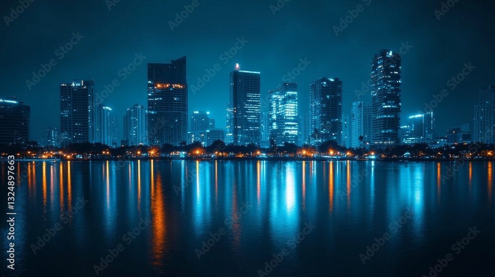Naklejka premium Night cityscape reflection: Modern skyscrapers illuminated at night, mirrored in calm waters creating a stunning urban nightscape.