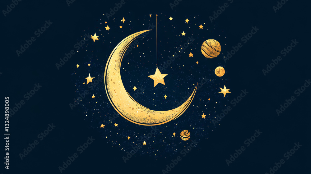 Naklejka premium Abstract image of Arabic Moon in the form of a starry sky or space, consisting of points, lines, and shapes in the form of planets, stars and the universe. Vector Ramadan Kareem concept