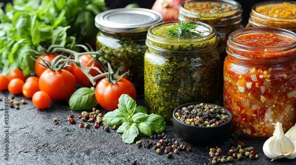 a table topped with jars filled with different types of food, including tomatoes, leaves, garlic, and other ingredients, all of which can be used to make homemade p a table topped with jars filled with different types of food, including tomatoes, leaves, garlic, and other ingredients, all of which can be used to make homemade p