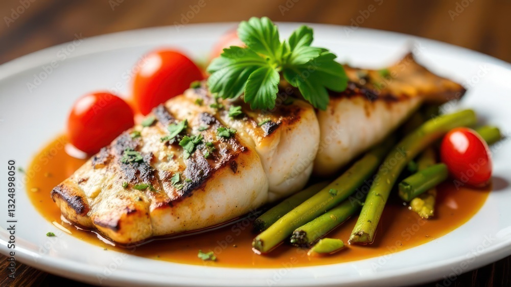grilled fish fillet served with asparagus and cherry tomatoes on white plate. garnished with fresh herbs. gourmet seafood dish. restaurant menu, food blog, cookbook poster. grilled fish fillet served with asparagus and cherry tomatoes on white plate. garnished with fresh herbs. gourmet seafood dish. restaurant menu, food blog, cookbook poster.