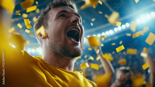 Fototapeta Naklejka Na Ścianę i Meble -  A joyful sports fan in a yellow jersey celebrates with arms raised as golden confetti falls around him.