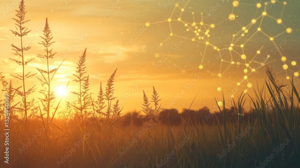 Fototapeta premium A serene sunset over a field with abstract connections symbolizing nature and science.