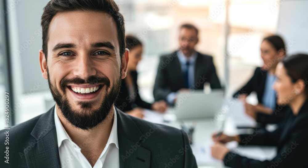A confident CEO smiles while engaging in a business meeting with colleagues in a sleek office. Team members are discussing strategies and working together. The atmosphere is professional. A confident CEO smiles while engaging in a business meeting with colleagues in a sleek office. Team members are discussing strategies and working together. The atmosphere is professional.