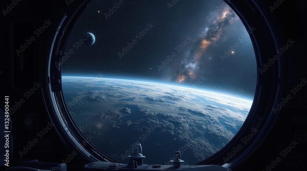 Naklejka premium A view of Earth from a spaceship window. Stars, planets, deep space