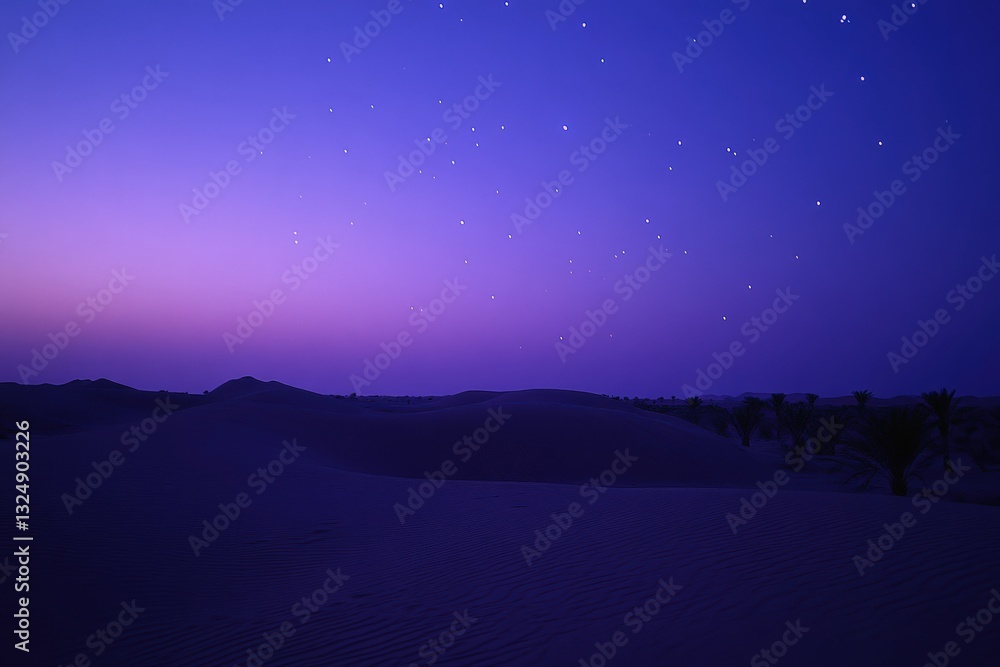 Naklejka premium Majestic desert dunes under a starry night sky, capturing the serene beauty of twilight—ideal for travel brochures, nature articles, or artistic backgrounds inspiring tranquility and wonder