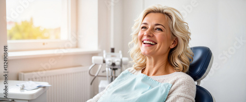 Smiling woman enjoying teeth whitening in dental office, radiating confidence