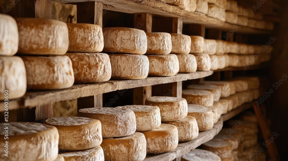 A fully stocked cheese aging cave with neatly arranged rows of artisanal cheeses.