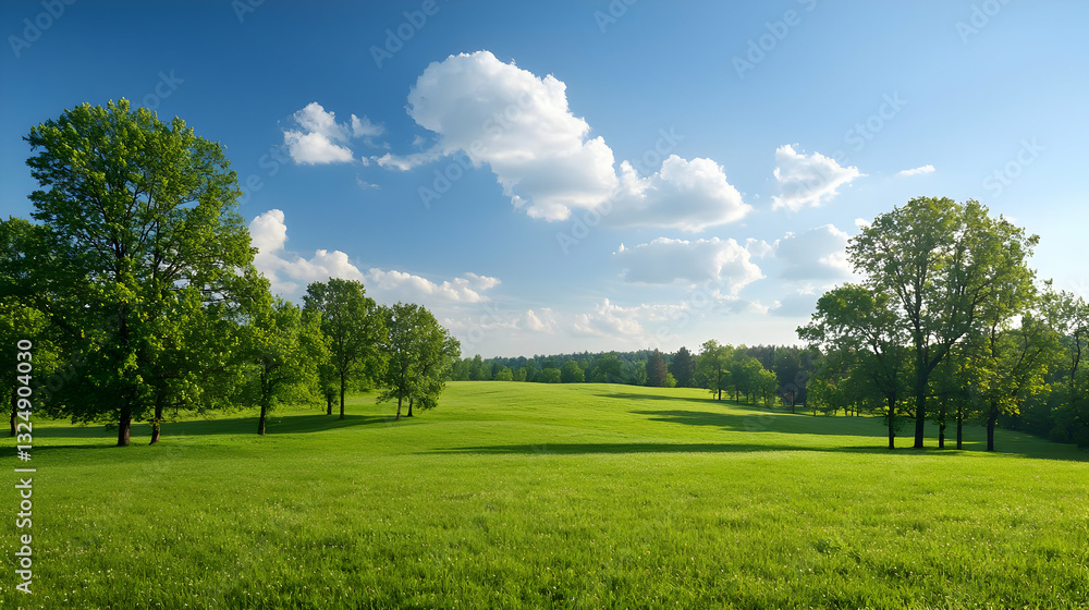 Green Field with Trees Under a Bright Blue Sky with Fluffy White Clouds a Sunny Summer Landscape Green Field with Trees Under a Bright Blue Sky with Fluffy White Clouds a Sunny Summer Landscape