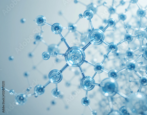 Transparent molecular structure with hexagonal patterns, connected by rods, visualizing complex chemical compounds, and highlighting intricate details in a stunning blue-tinted 3D design