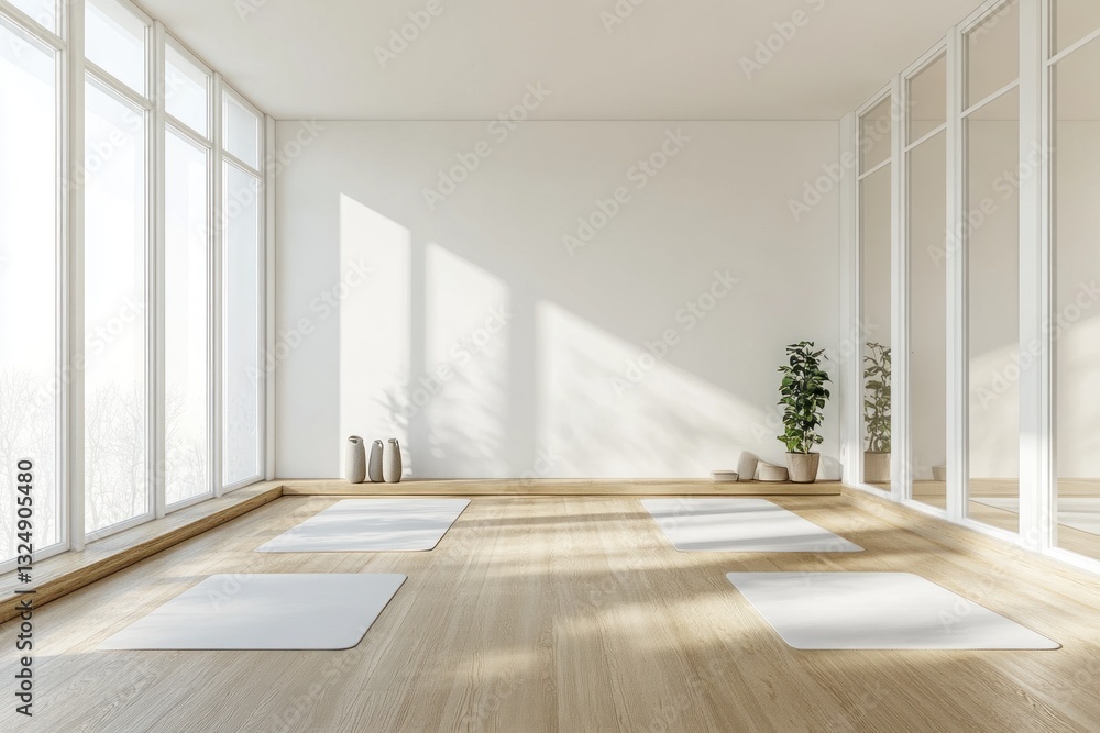 Fototapeta premium Sunlit minimalist yoga studio with mats and large windows.