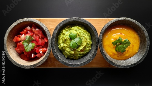 mexican salsas and guacamole in stone molcajetes shot top down and isolated photo