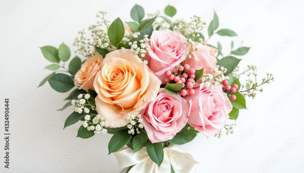 A bouquet of peach and pink roses, small white flowers, green leaves and pink berries, wrapped with a white satin ribbon, studio shot, white background A bouquet of peach and pink roses, small white flowers, green leaves and pink berries, wrapped with a white satin ribbon, studio shot, white background