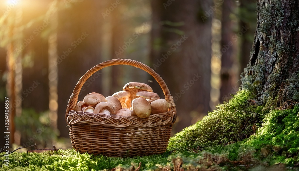 edible white mushrooms freshly picked and placed in a basket near a mossy pine tree autumn forest foraging scene edible white mushrooms freshly picked and placed in a basket near a mossy pine tree autumn forest foraging scene