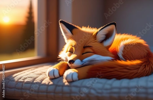 Cute sleeping cartoon fox near big window. Children illustration for print and design. Soft focus