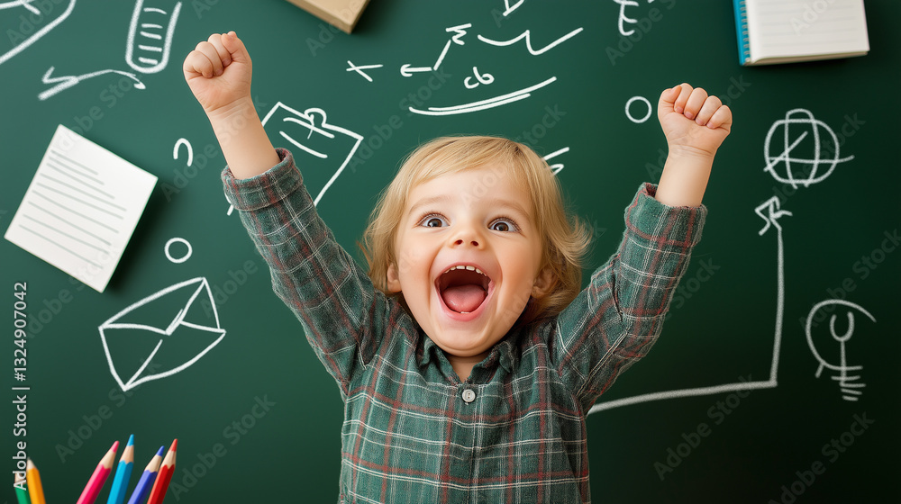 A joyful young child raises arms in excitement in front of a chalkboard covered in educational doodles. A joyful young child raises arms in excitement in front of a chalkboard covered in educational doodles.